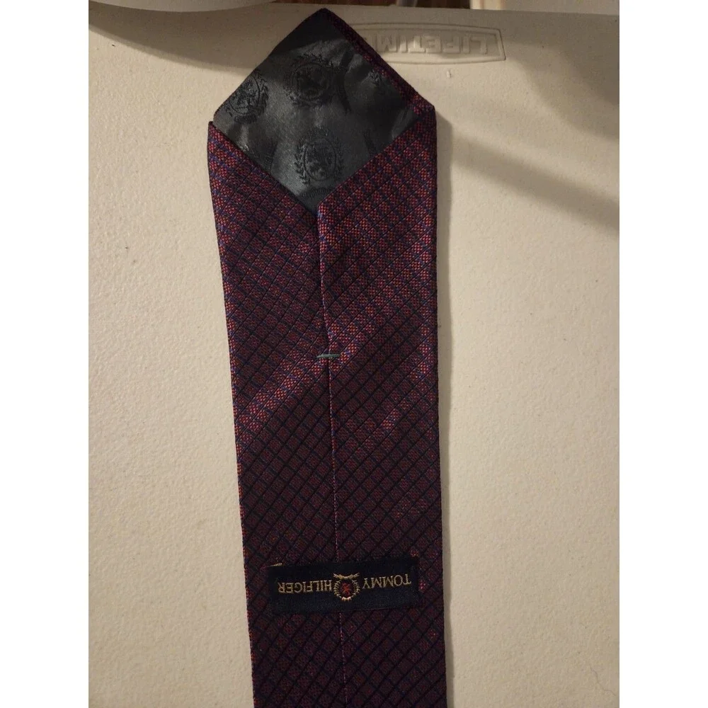 Tommy Hilfiger Silk Tie Vintage Red Navy Micro Grid Gold Crest Embroidery 58